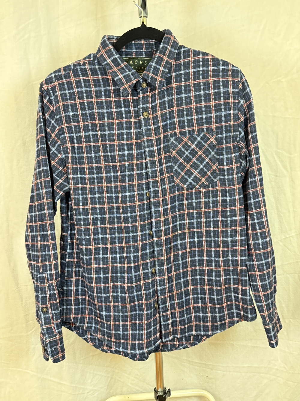 Jachs Men's Blue & Coral Plaid Casual Button-Down Shirt sz Medium
